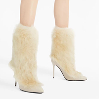 Fabrication en gros de haute qualité Sexy hiver femmes fourrure daim Pu Stiletto mince talon haut bout pointu mi-mollet bottes pour dames
