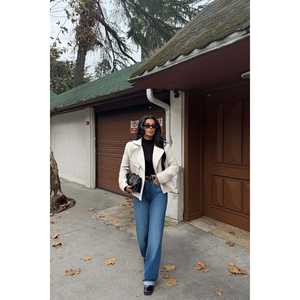 Beige Ladies <b>Double</b>-Breasted Outerwear Jacket <b>Quilted</b> Leather with Customizable Logo Lightweight and Short Length - Product Image 4