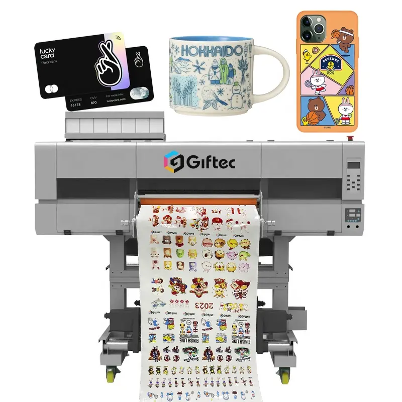 Giftec Printer DTF UV Digital dengan Transfer PVC Film 3d efek 60cm Xp600 Head Roll untuk Roll UV DTF Printer stiker kustom