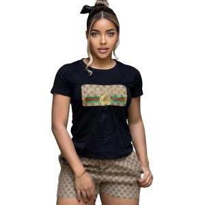 Ensemble de shorts décontractés pour femmes de luxe, deux pièces, longueur au-dessus du genou, manches courtes, été, 100% coton - Product Image 3