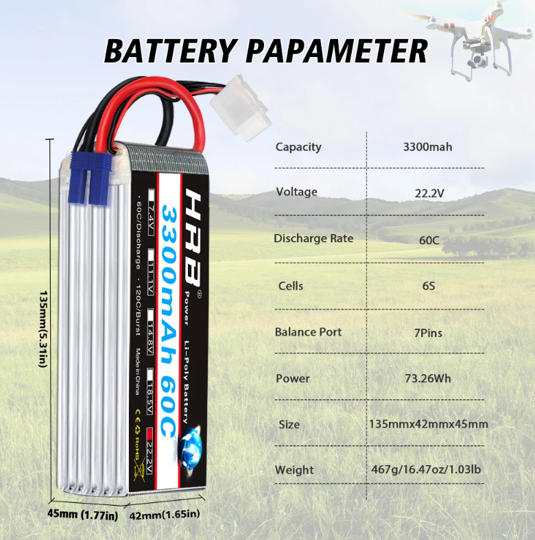 Batterie LiPo HRB 6S 22,2V 3300mAh 60C - Prise Deans T - Pour Quadricoptère, Hélicoptère RC Et Voiture