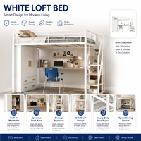 Lit mezzanine en métal robuste pour adultes avec escalier et rangement GRATUIT, espace de travail, gain de place, capacité de charge massive de 450 kg