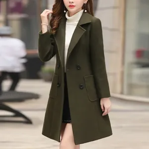 2024 automne hiver femmes longs manteaux de laine Double boutonnage <span class=keywords><strong>femme</strong></span> couleur unie coupe ajustée vêtements d'extérieur col rabattu Streetwear - Product Image 4