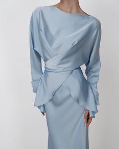 Ensemble complet pour <span class=keywords><strong>femme</strong></span>, tenue en satin à lacets, <span class=keywords><strong>chemise</strong></span> à manches longues pour <span class=keywords><strong>femme</strong></span>, <span class=keywords><strong>jupe</strong></span> longue et fine, décontractée, tendance, élégante, ensembles pour femmes d'été - Product Image 2