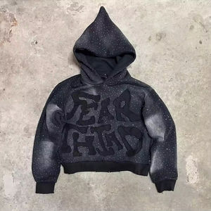 Men's Oversized Hooded <b>Velour</b> Winter <b>Hoodie</b> Front Custom Logo 3D Embroidery for Crocheted Lined Long - Product Image 3