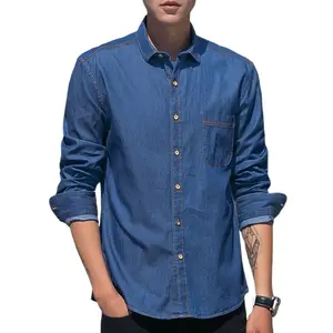 korte jeans shirt Suppliers-Hot Selling Puur Katoen Borst Pocket Jeans Shirts Turn Down Kraag Korte Mouwen Denim Shirts Voor Mannen