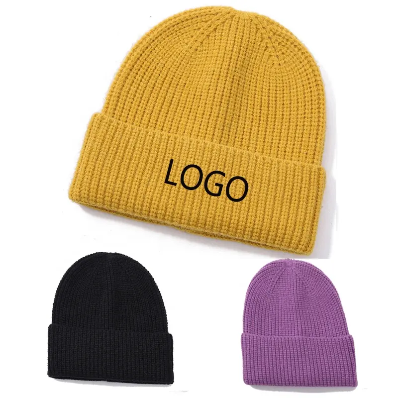 Kualitas Premium Kustom Tebal Hangat Permen Warna Solid Topi Musim Dingin Wol Rajutan Salju Jacquard Gorros Ski Toque Topi Tuque Beanie Cap