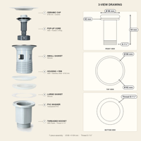Bonde de lavabo universelle G1-1/4 en céramique blanche anti-colmatage avec système click-clack pour évacuation d'eau de lavabo