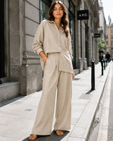 Chemises et pantalons en lin naturel pour femmes, sur mesure, à manches longues, couleur unie, mélange de lin, ensemble en lin pour femmes