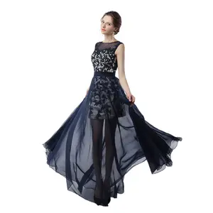 Sheer Tulle Xem Thông Qua Dài Prom Dresses Với Ren Đính Vỏ Bọc Màu Xanh Hải Quân Thời Trang Chính Thức Cô Gái Prom Gown Phụ Nữ Dresses