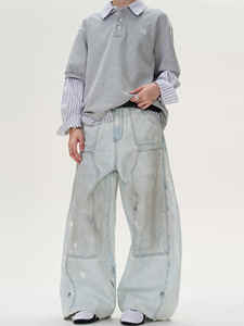 YKMOZI, pantalones vaqueros azules claros personalizados, 100% de algodón, pierna recta lavada, acampanados anchos, Vintage, dulce, Simple, estampado de Color sólido para el verano - Product Image 4