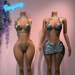 2026 New Fashion <strong>Women</strong> Sexy Silver Gold Hollow Out Crisscross <strong>Skirt</strong> Swimwear Set Bathing Suit PU Bodysuit <strong>Swimming</strong> Wear - Product Image 2