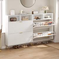 Meuble à chaussures moderne ultra-fin en bois blanc de 9 pouces, 2 tiroirs rabattables, montage facile, portes rayées, pieds en métal doré, gain de place, idéal pour hôtel