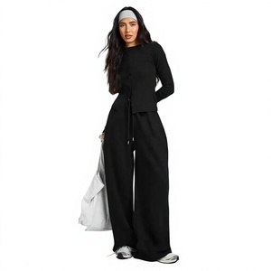 <b>Women</b> 2 Piece <b>Knitted</b> Tracksuit Set Long Sleeve Crew Neck Solid Black Loose Fit Casual All Seasons Sweatpants and Top Set - Product Image 1