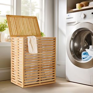 Panier à linge DB Bamboo 33x15x85cm pliable à double compartiment avec couvercle pour salle de bain - Product Image 5