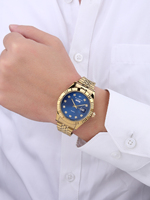 Montre de luxe pour homme RICECGO, cadran bleu profond, affichage du jour, marqueurs en diamant, style présidentiel, bracelet en acier inoxydable
