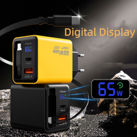 Pengisi Daya Cepat GaN 65W dengan Port 1A+1C dan Kabel Retractable Layar Digital untuk Pengisi Daya Laptop