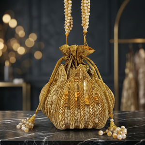 Sac de soirée élégant en tissu doré orné de perles, avec fermeture à cordon faite à la main, idéal pour les soirées et mariages haut de gamme - Product Image 3