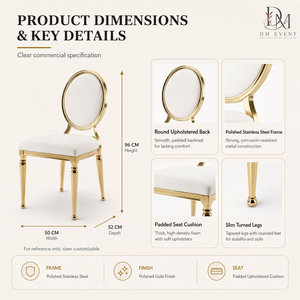 Chaise de banquet ovale personnalisée en acier inoxydable doré avec dossier médaillon et coussin blanc pour la location événementielle - Product Image 4