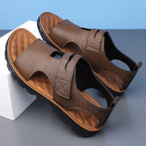 รองเท้าแตะลำลองแบบโรมัน หนังนิ่ม กันลื่น สำหรับผู้ชาย ฤดูร้อน รองเท้าแตะแบบสวมพื้นเรียบ ติดแถบเวลโคร เหมาะสำหรับใส่ชายหาด สีน้ำตาล เทา ดำ - Product Image 3