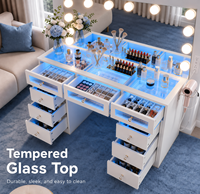Coiffeuse avec grand plateau en verre et 9 tiroirs, miroir compact et 3 ampoules colorées