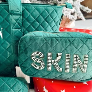 Custom Color Green Silk Velvet Quilted for Toiletry <b>Bag</b> Set 4 Sizes Hot Stamp <b>Crystal</b> Stamp Custom Makeup <b>Bag</b> for Travel Use - Product Image 5