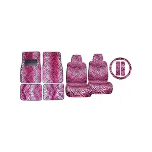 11pc Pink Leopard Safari Low Back Seat Covers Steering Wheel Cover Shoulder PadsとCarpet Floor Mats