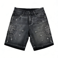 MOUNTNEVE 2026 Techwear Shorts de Mezclilla con Pedrería para Hombre, Lavado Ácido, Desgastados, con Tachuelas, Estilo Hip Hop, Streetwear, 100% Algodón Pesado
