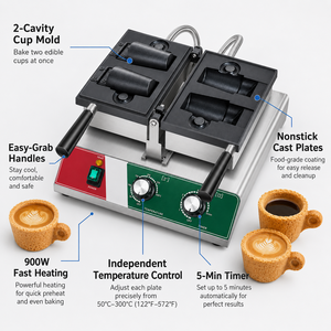 Commerciële 900W RVS Nieuwe 220V Koffiekopjes Wafelmaker met eetbare koffiekopjesvorm voor ijs en melkthee - Product Image 3