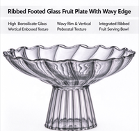 Bol à fruits en verre borosilicate transparent sur pied, plat de service côtelé, bord ondulé, pour desserts, collations et décoration de table