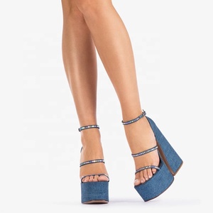 Mixed Rhinestone Denim <b>Sandals</b> Thick High Heel Thick Platform Summer Women's Dress Shoes Ankle Buckles Blue Pumps - Product Image 6