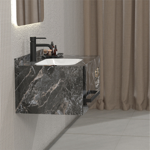 Mueble de <span class=keywords><strong>Baño</strong></span> Flotante de Superficie Sólida de <span class=keywords><strong>80</strong></span> <span class=keywords><strong>cm</strong></span>, Mueble de <span class=keywords><strong>Baño</strong></span> con Lavabo de Pizarra, Nicho y Toallero - Product Image 1
