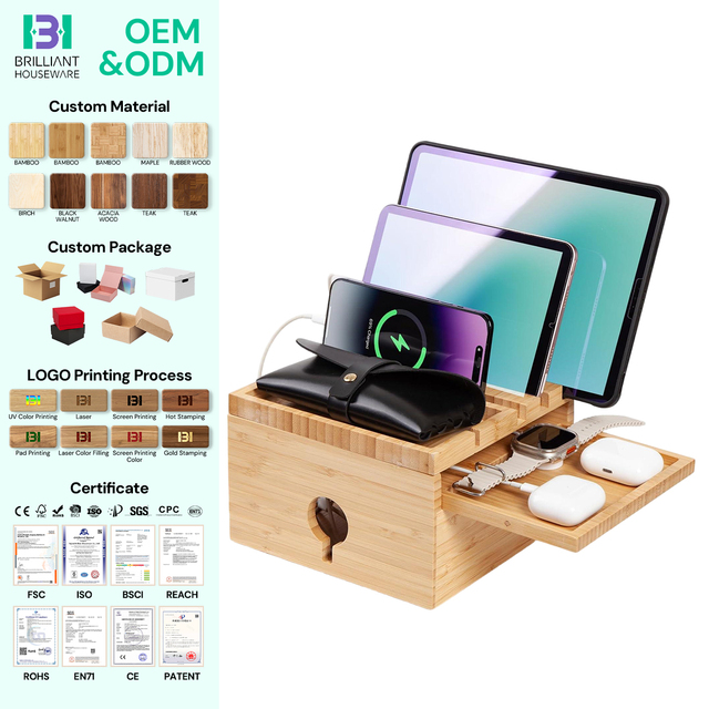 BH Desktop Wood Charger Organizer Nightstand Docking Station Bamboo Charging Station with Small Tray for Cell Phone Tablet Etc