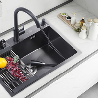 Vente en gros d'évier de cuisine multifonction moderne à encastrer en acier inoxydable 304 Nano noir à cuve unique évier de cuisine fait à la main