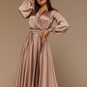 2023 New Design Long Sleeve Satin Maxi A Line Hot Sale Party Dress For Women