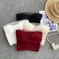 Nouveauté 2026 – Vente en gros – Top court bustier sans bretelles pour femme, style corset sexy en lurex, avec superposition en maille transparente froncée – Idéal pour l'été
