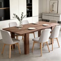 Table à manger extensible en noyer avec 3 options de longueur (55/70/86 pouces), pieds en bois massif pour cuisine et salon.