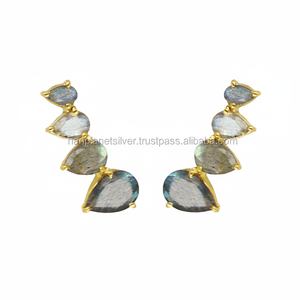 Labradorite Gemstone <b>Stud</b> <b>Earrings</b> Gold Vermeil Prong <b>Set</b> Unisex 925 Sterling <b>Silver</b> Jewelry for Weddings Parties Anniversary - Product Image 1