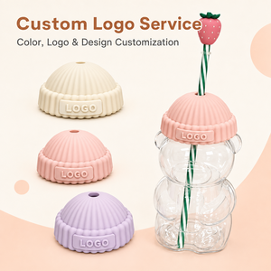 Purple <b>Bear</b> Glass Water <b>Bottle</b> with Ribbed Silicone Lid Grape Straw Topper and Logo Customization - Product Image 4