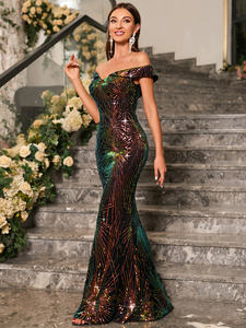 Elegante abito da ballo di lusso con paillettes Slim-Fit a schienale elegante stile Sexy spalle scoperte da donna splendido abito da sera con orlo a coda di pesce - Product Image 6