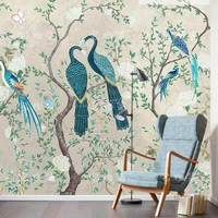 Papier peint mural personnalisé de luxe 3D, style chinoiserie, paon, fleurs, peint à la main, style moderne, argent, or, décoration murale pour la maison et le bureau