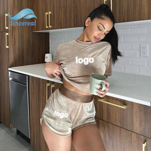Abito estivo personalizzato due pezzi Shorts Set Top Top in velluto tute felpate felpa tute velate Velour <span class=keywords><strong>pigiami</strong></span> da donna - Product Image 5