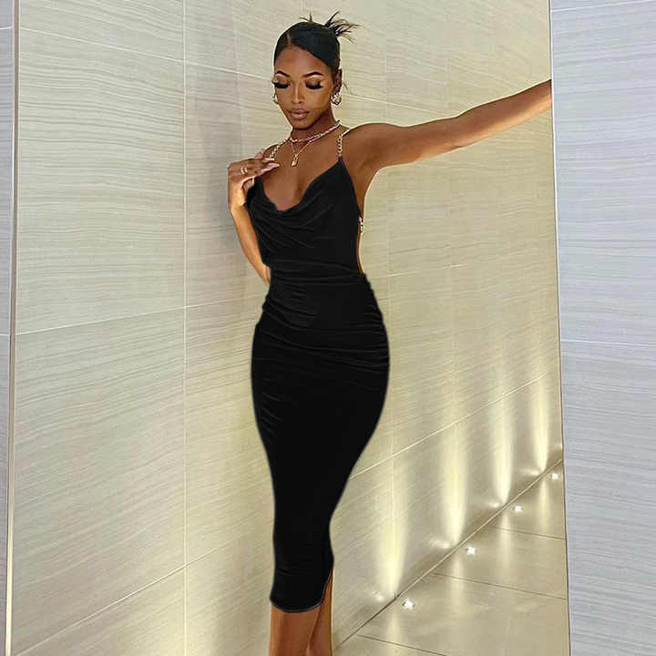 Custom High Quality Lady Elegant WINTER Summer Long Plain Dress Jewelry  Chain Shoulder Strap Casual Dresses