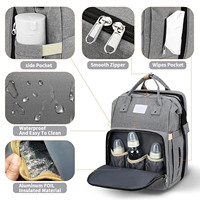 Ransel popok 6 dalam 1, tas popok Tote untuk ibu dan bayi, tempat tidur lipat tahan air dengan penutup USB & ritsleting