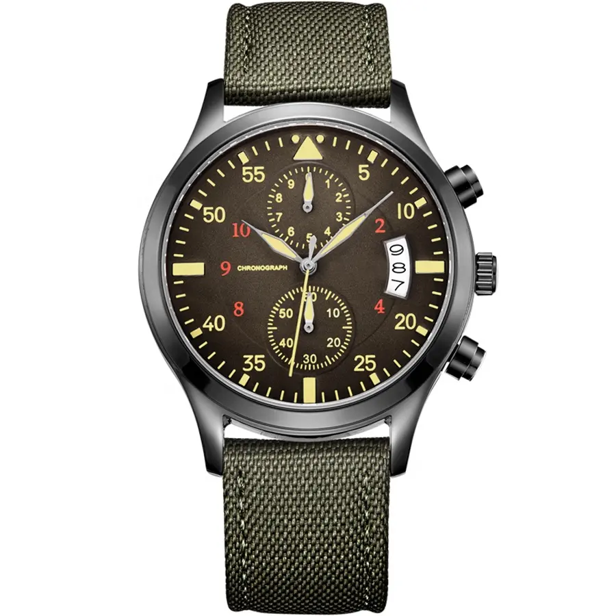 Chronograph watches men wrist Green Canvas Luxury men quartz Watches