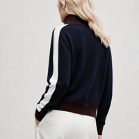 Cardigan en laine mérinos bleu marine pour femme, tricoté, zippé, col cheminée côtelé marron, fabrication sur mesure ODM OEM, vente en gros d'usine