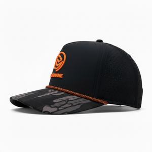 หมวกแก๊ปตาข่ายแบบกำหนดเอง OEM พร้อมโลโก้ 5 แผง ปีกโค้งเล็กน้อย แบบ Snapback ป้ายยางกันน้ำ หมวกกอล์ฟ - Product Image 3