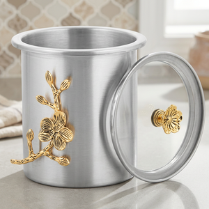 Round Stainless steel Food Container With <b>Lid</b> Oriental Engraved Floral Design 1-3L Storage <b>Bin</b> - Product Image 1