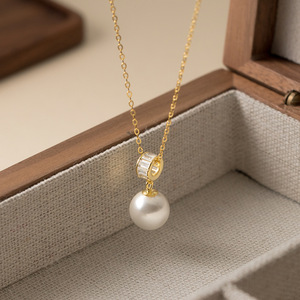 Collier en argent pur S925 avec bague simple en diamant carré, collier en perles synthétiques, produit haut de gamme Y01061, catégorie de produits - Product Image 2