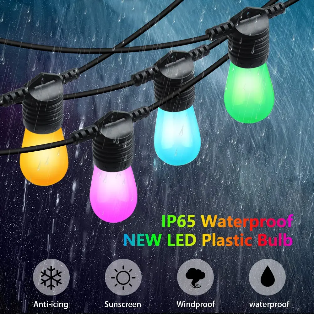 smart outdoor string light RGBW 48ft 15 S14 bulbs point control tuya app Color Changing Dimmable Patio Lights